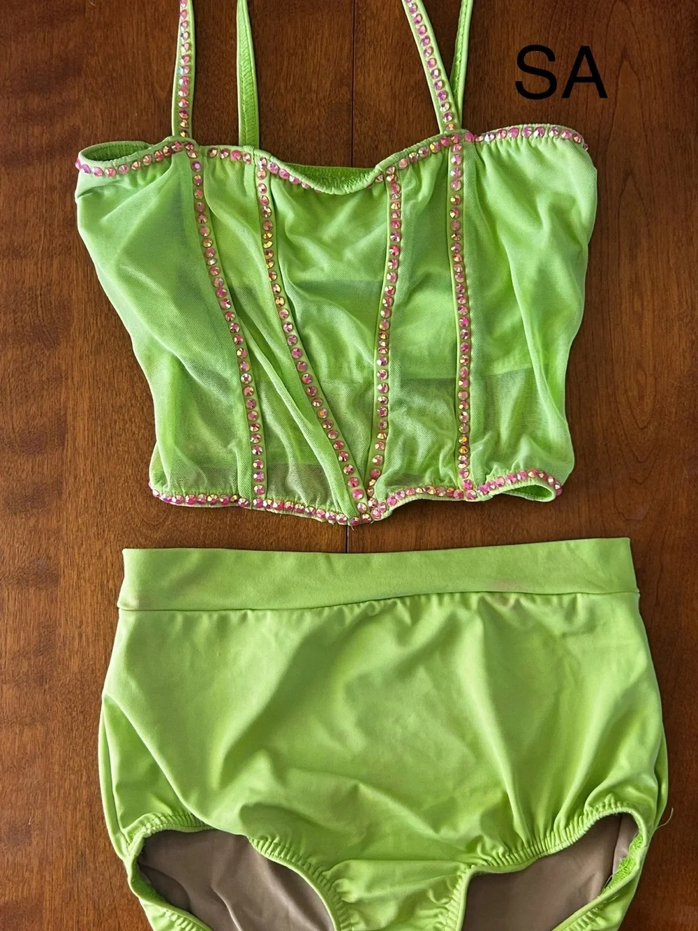 Kelle Neon Green Embellished Dance Crop Top and High-Waist Brief Set. AS